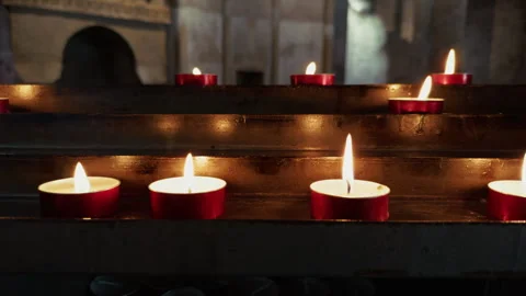 Fire Of Red Burning Candles In The Cathedral Stock Footage 320290080