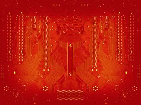 Fire red circuit board background of computer motherboard Foto stock