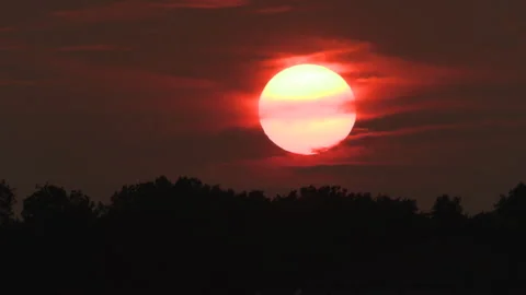 Fire Red Sunset blocked by wildfire and forest fire smoke in the sky Stock Footage 158159943