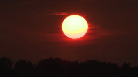 Fire Red Sunset blocked by wildfire and forest fire smoke in the sky Stock Footage 158163061