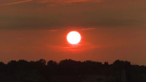 Fire Red Sunset blocked by wildfire and forest fire smoke in the sky Stock Footage 158164273
