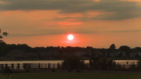 Fire Red Sunset blocked by wildfire and forest fire smoke in the sky Stock Footage 158164656