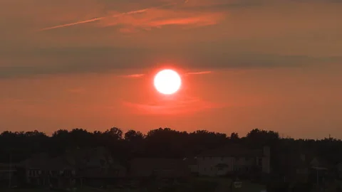 Fire Red Sunset blocked by wildfire and forest fire smoke in the sky Stock Footage 158165025