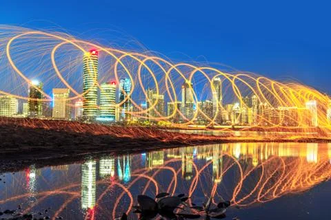 Fire reflection at night Stock Photos