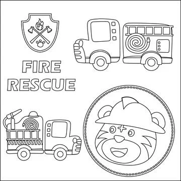 Fire rescue team with funny firefighter, vector cartoon, Cartoon isolated Stock Illustration