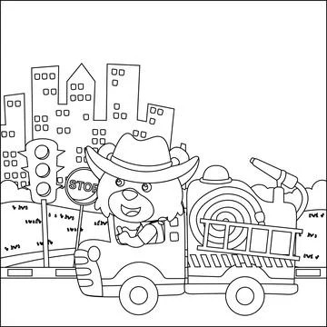 Fire rescue team with funny firefighter, vector cartoon, Cartoon isolated Stock Illustration