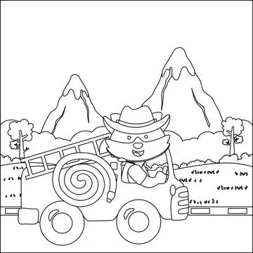 Fire rescue team with funny firefighter, vector cartoon, Cartoon isolated Stock Illustration
