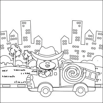 Fire rescue team with funny firefighter, vector cartoon, Cartoon isolated Stock Illustration