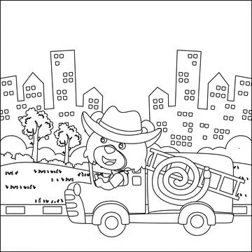 Fire rescue team with funny firefighter, vector cartoon, 스톡 일러스트