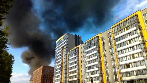 A fire in a residential multi-storey building, the building is burning, black sm Stock Footage 207082714