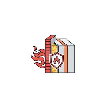 Fire resistant wall construction isometric icon with shield &amp; flame Stock Illustration