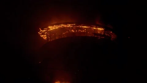 Fire in a restaurant on the roof of a multi-storey building Stock Footage 226898511