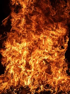 Fire reveals orange flames. Fire builds burning texture. Fire dominates bla.. Stock Photos