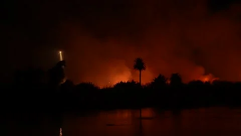 Fire at the river bottom in Ventura, CA after Santa Ana winds Stock Footage 144907098