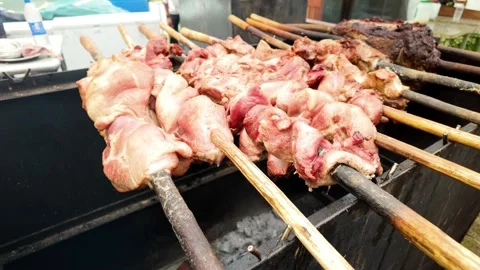 Fire roasted pork and meat skewers grilling at outdoor food market barbecue - Video stock 335257621