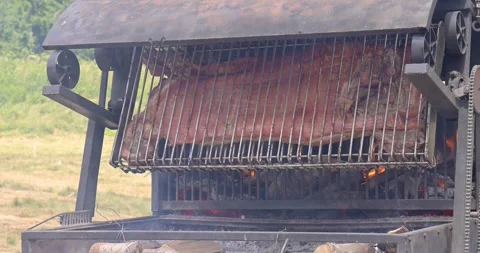 Fire roasted whole lamb. Lamb on a skewer. The spit-roasted lamb Stock Footage 248481554