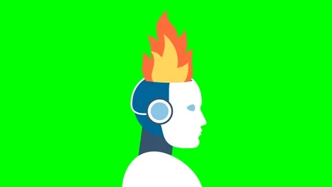 Fire in robot's head. Artificial brain glitch, exploded. Cyborg with AI failures Stock Footage 282885228
