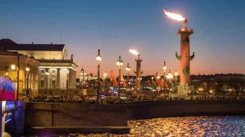 Fire on Rostral Columns. St. Petersburg Russia Stock Footage 146827853