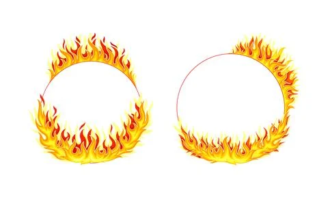Fire Round Frame with Hot Burning Tongue of Flame and Border Line Vector Set Stock Illustration