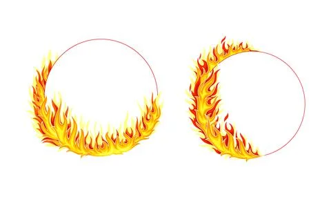 Fire Round Frame with Hot Burning Tongue of Flame and Border Line Vector Set Stock Illustration