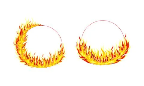 Fire Round Frame with Hot Burning Tongue of Flame and Border Line Vector Set Stock Illustration
