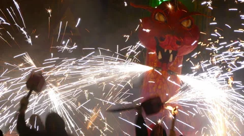 Fire Run (Correfoc) traditional celebration of Catalonia. Video stock 67993554