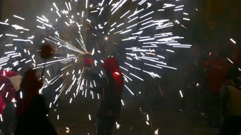 Fire Run (Correfoc) traditional celebration of Catalonia. Stock Footage 68011059
