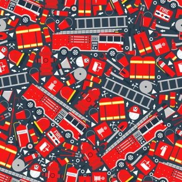 Fire safety attributes, bright pattern vector illustration. Fire truck, hydrant 스톡 일러스트