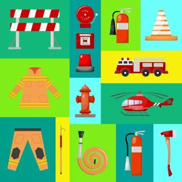 Fire safety banner vector illustration. Firefighter uniform and inventory Illustrazione stock