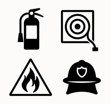 Fire Safety Elements with Extinguisher, Alarm, Warning Sign, and Helmet Stock Illustration