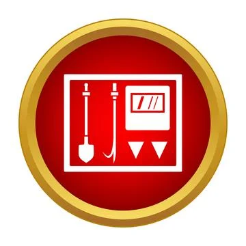 Fire safety equipment tools inside red circle icon Stock Illustration