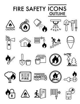 Fire safety line icon set, emergency symbols collection, vector sketches, logo Stock Illustration