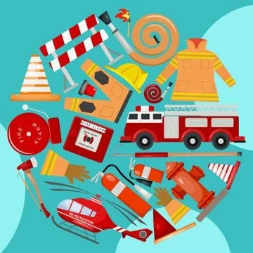 Fire safety round pattern vector illustration. Firefighting equipment and tools Stock Illustration