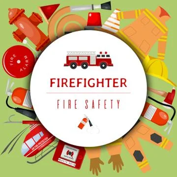 Fire safety round pattern vector illustration. Firefighting equipment and tools Stock Illustration