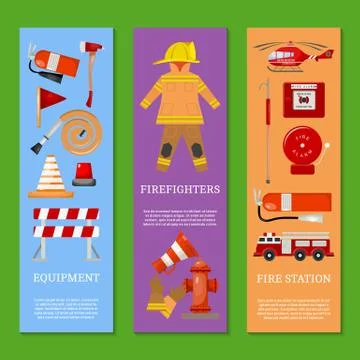 Fire safety set of banners vector illustration. Firefighter uniform and Illustrazione stock