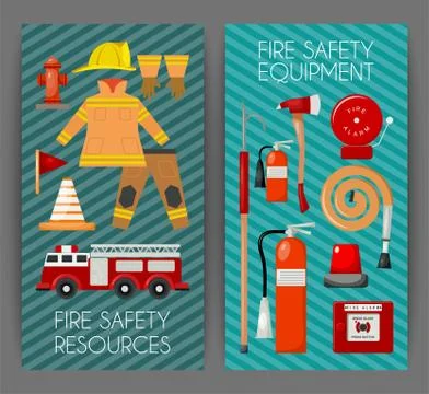 Fire safety set of banners vector illustration. Firefighter uniform and Ilustração Stock