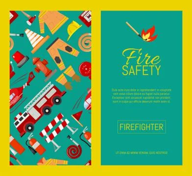 Fire safety set of banners vector illustration. Firefighter uniform and Ilustração Stock