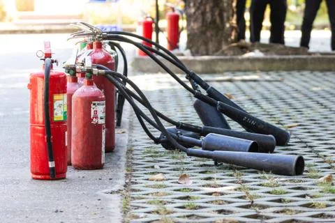 Fire Safety Set Different Types of Extinguishers Placed outdoors 스톡 사진