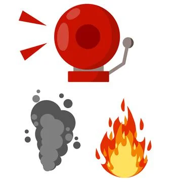 Fire safety. Set of items-Alarm siren ring, smoke sensor and flame Stock Illustration