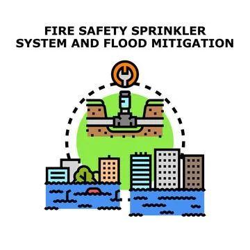 Fire safety sprinkler system implementing flood mitigation Stock Illustration
