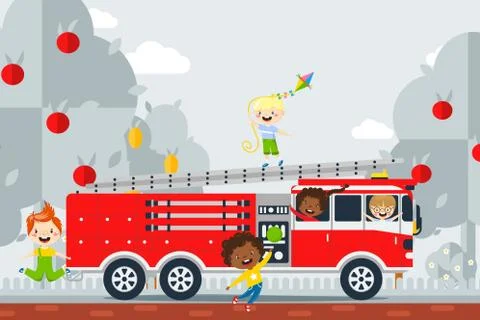 Fire safety study excursion, vector illustration. Children have fun in fire Stock Illustration
