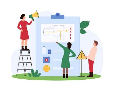 Fire safety training, plan evacuation from building in case of danger by tiny Ilustración de archivo