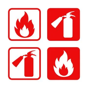 Fire safety vector stickers flame and fire extinguisher Stock Illustration