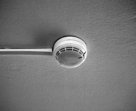 A fire sensor on the ceiling. Fire protection system in the form of a white b 写真素材
