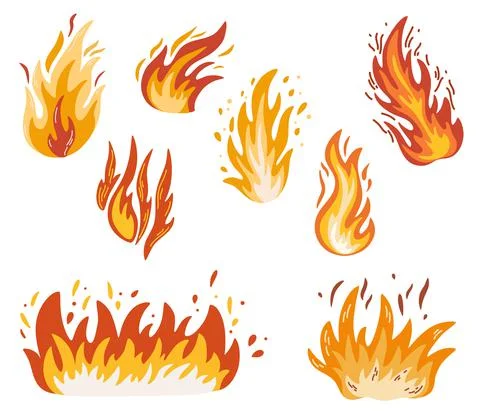 Fire set. Fiery flame, bright fireball, thermal forest fire and a red-hot bon Stock Illustration
