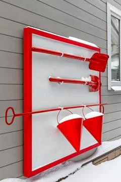 Fire shield with fire extinguishing equipment, close-up. Fotos Stock