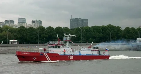 Fire ship "Hope" on the Moscow river Stock Footage 67506476