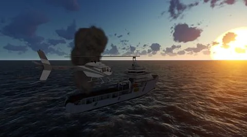 Fire on a ship in the middle of the ocean. 3D Render Stock Illustration