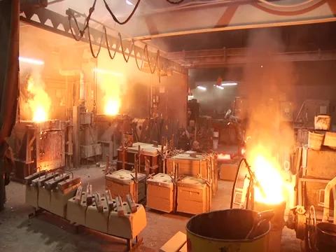 Fire Shooting From Container And Both Furnaces in Foundry Stock Footage 1091991