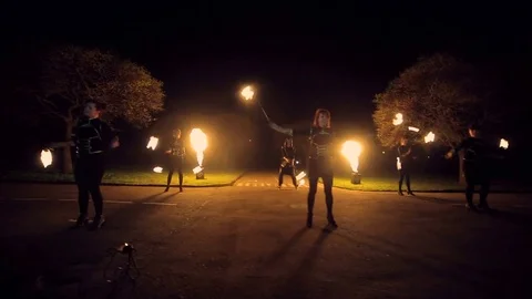 Fire show amazing at night. Dances with fire in the night Stock Footage